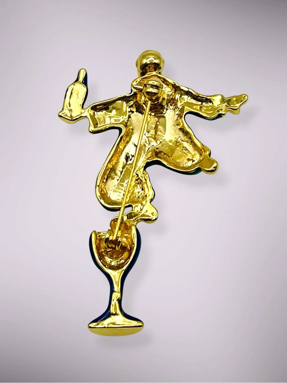 Vintage Enamel Pierrot Clown Champagne Glass Figural Brooch Pin Whimsical Retro